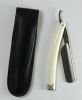 Open Razor with simulated Ivory Handle Tipped with Ornate Silver in a Black or Whiskey Hand Tooled Calf Leather Case